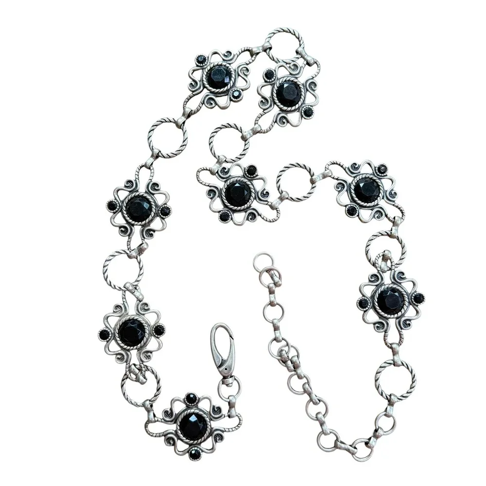 Vintage Silver Tone Black Gemstone Medallion Chain Belt Gothic Boho Adjustable